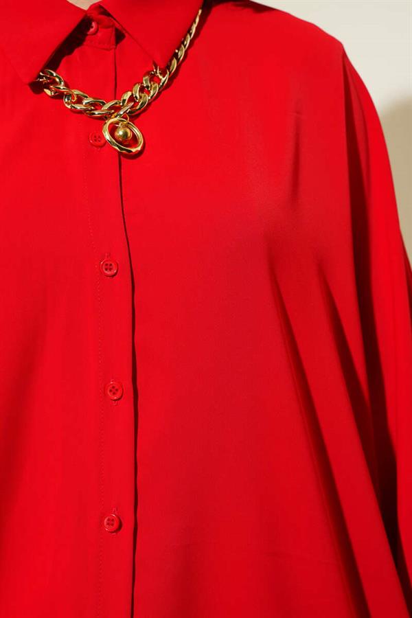 Bat Sleeve Casual Shirt with Necklace Red