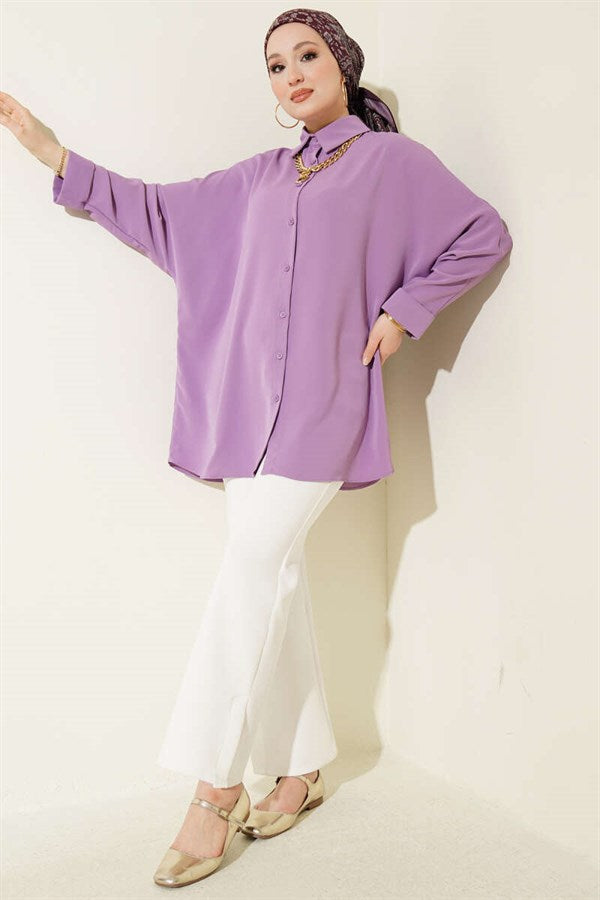 Batwing Sleeve Loose Shirt with Necklace, Lilac