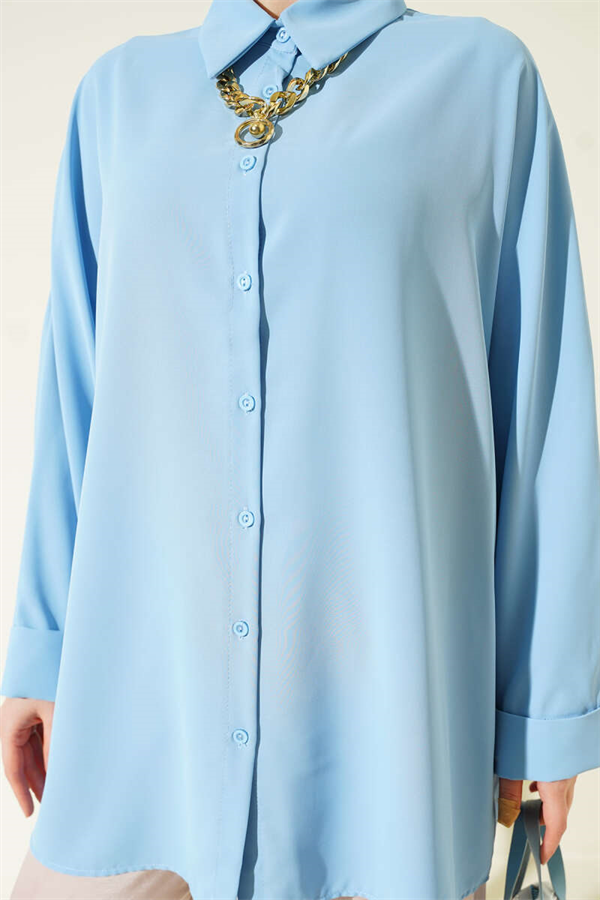 Batwing Sleeve Loose Shirt with Necklace, Blue