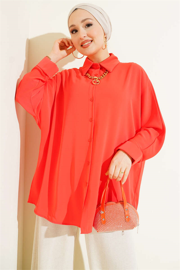 Orange Batwing Sleeve Loose Shirt with Necklace