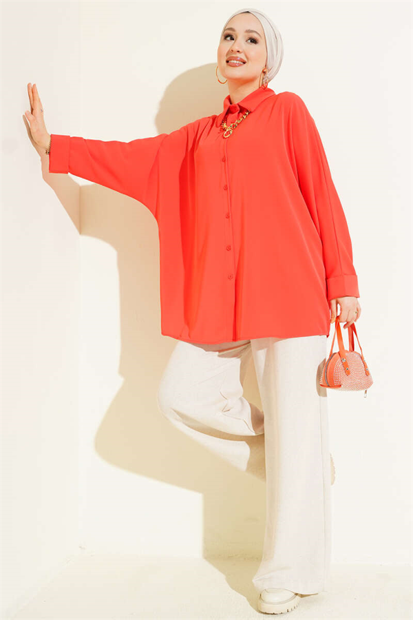 Orange Batwing Sleeve Loose Shirt with Necklace
