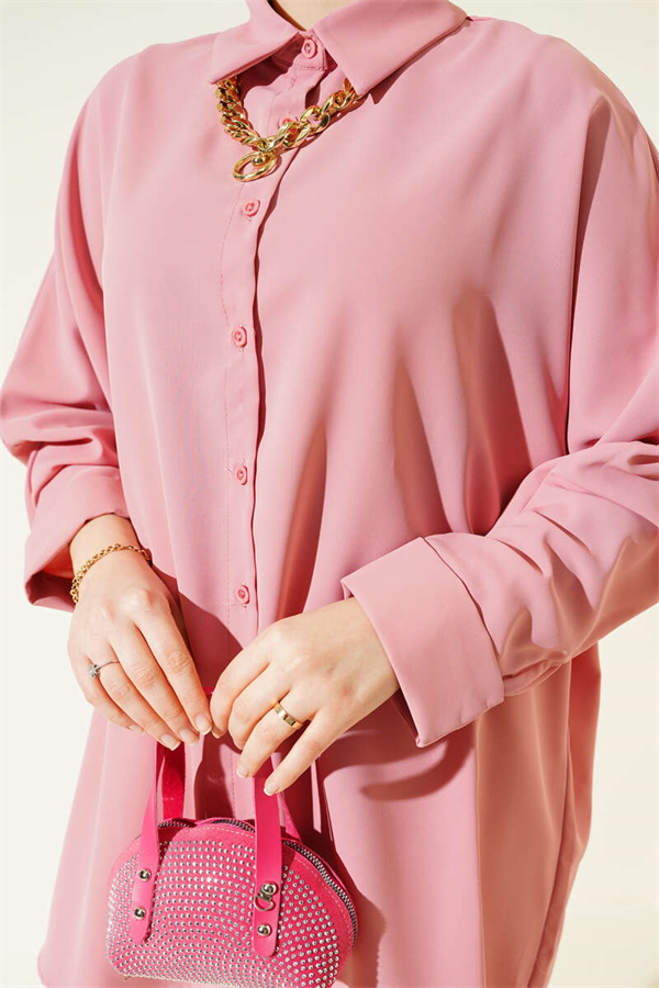 Batwing Sleeve Loose Shirt with Necklace, Powder Pink