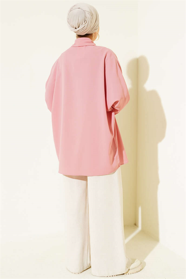 Batwing Sleeve Loose Shirt with Necklace, Powder Pink