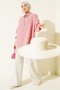 Batwing Sleeve Loose Shirt with Necklace, Powder Pink