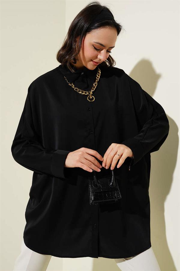 Bat Sleeve Casual Shirt with Necklace Black