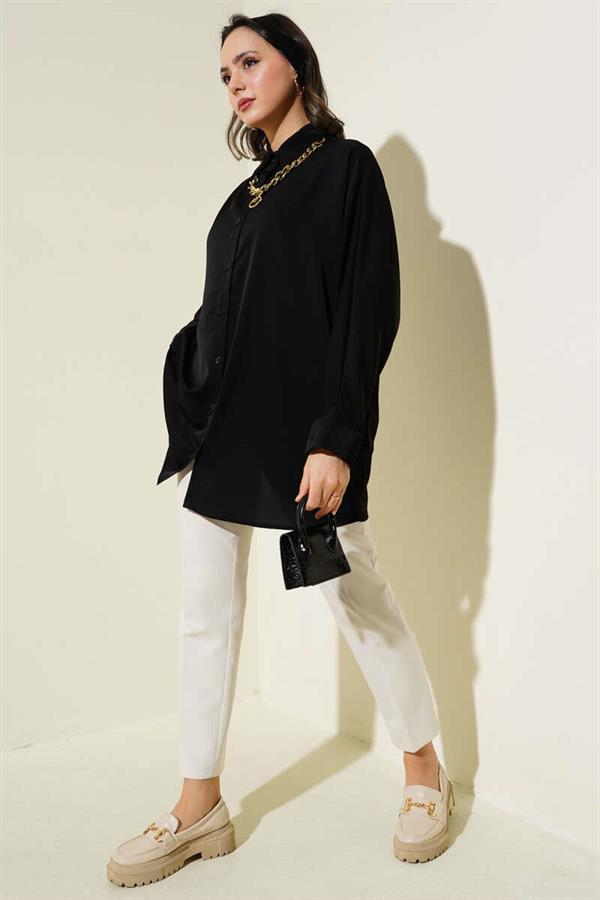 Bat Sleeve Casual Shirt with Necklace Black