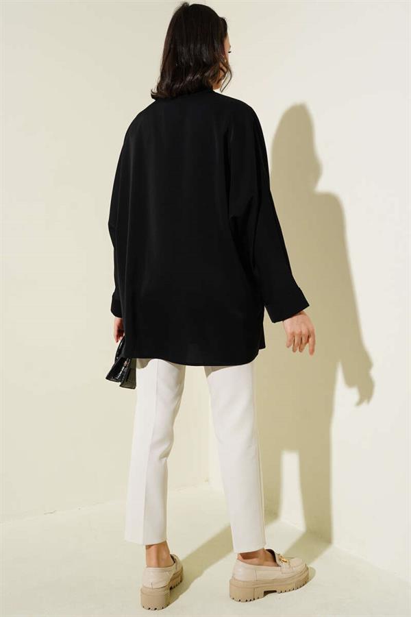 Bat Sleeve Casual Shirt with Necklace Black