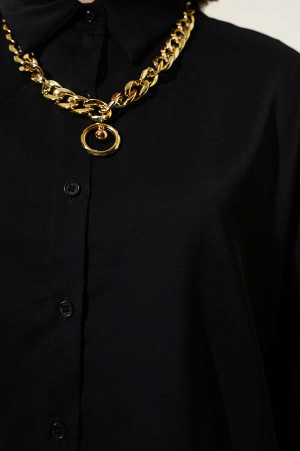 Bat Sleeve Casual Shirt with Necklace Black