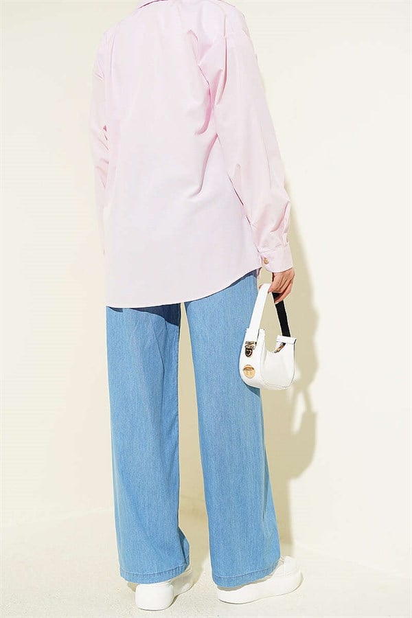 Denim Wide Leg Trousers with Elastic Waistband, Denim Blue