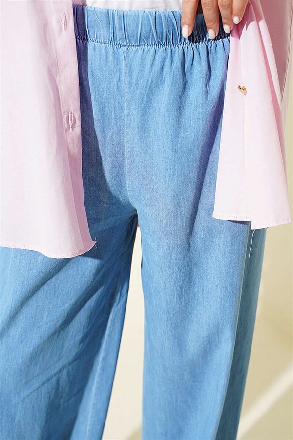 Denim Wide Leg Trousers with Elastic Waistband, Denim Blue