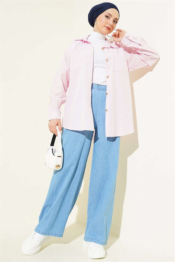 Denim Wide Leg Trousers with Elastic Waistband, Denim Blue