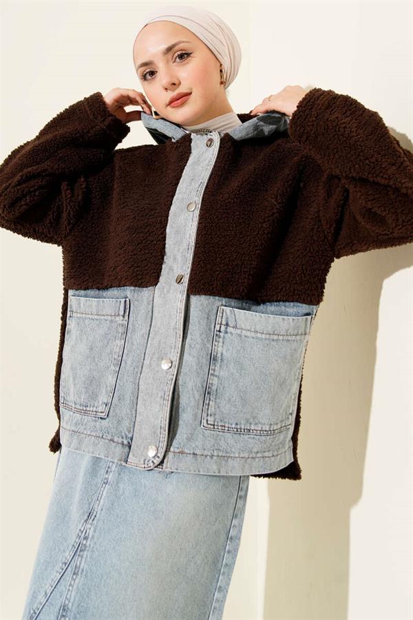 Denim Trimmed Snap Button Plush Jacket, Coffee