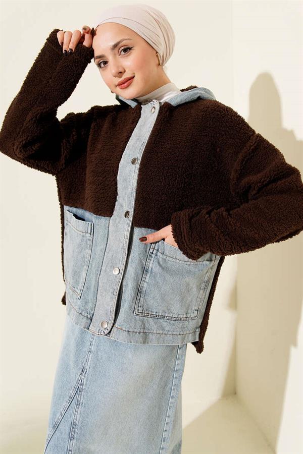 Denim Trimmed Snap Button Plush Jacket, Coffee
