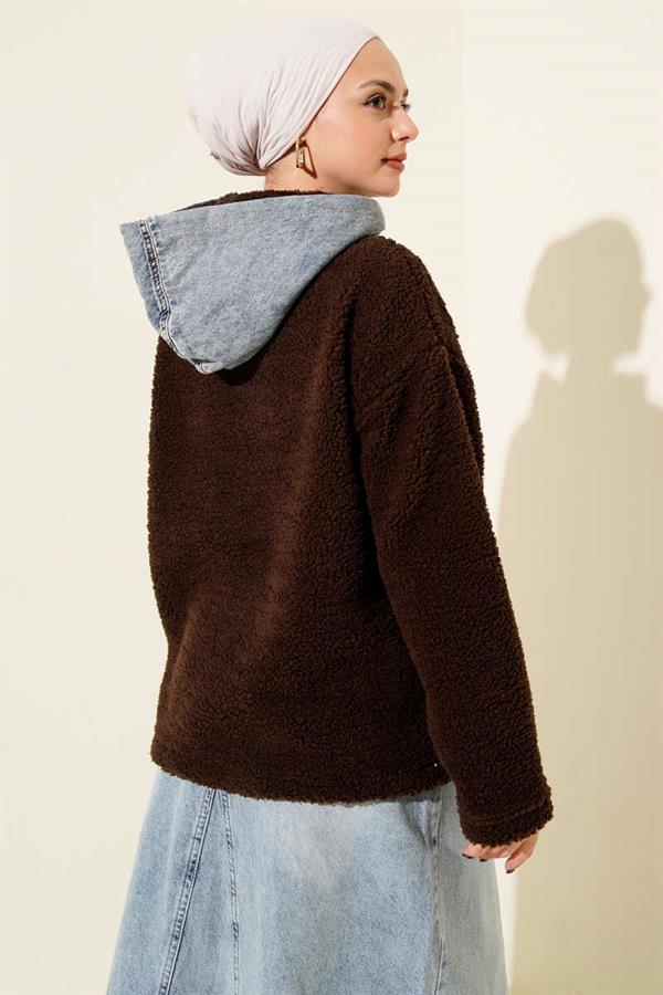Denim Trimmed Snap Button Plush Jacket, Coffee