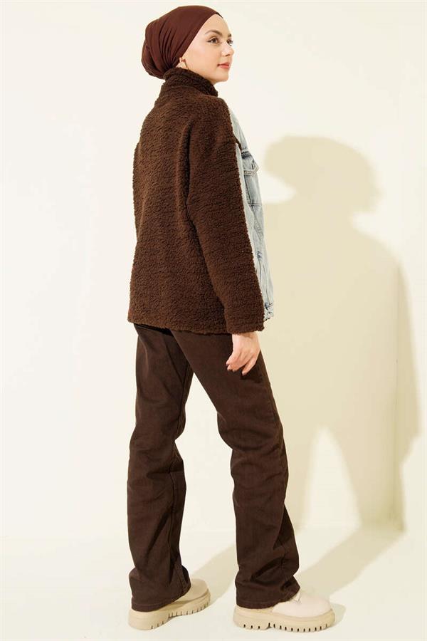 Denim Trimmed Zip-Up Plush Jacket, Coffee