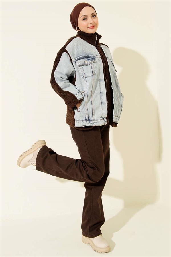 Denim Trimmed Zip-Up Plush Jacket, Coffee