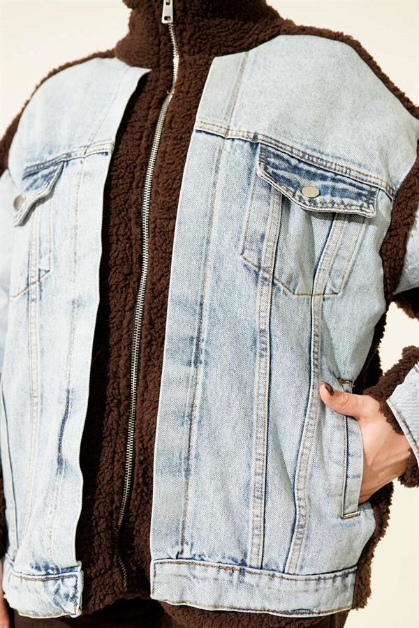 Denim Trimmed Zip-Up Plush Jacket, Coffee