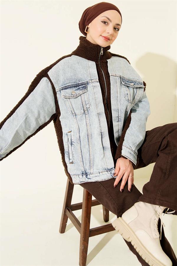 Denim Trimmed Zip-Up Plush Jacket, Coffee