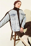 Denim Trimmed Zip-Up Plush Jacket, Coffee