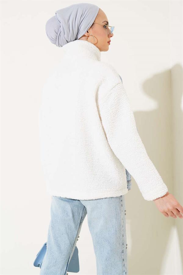 Denim Garnish Zippered Plush Jacket Blue