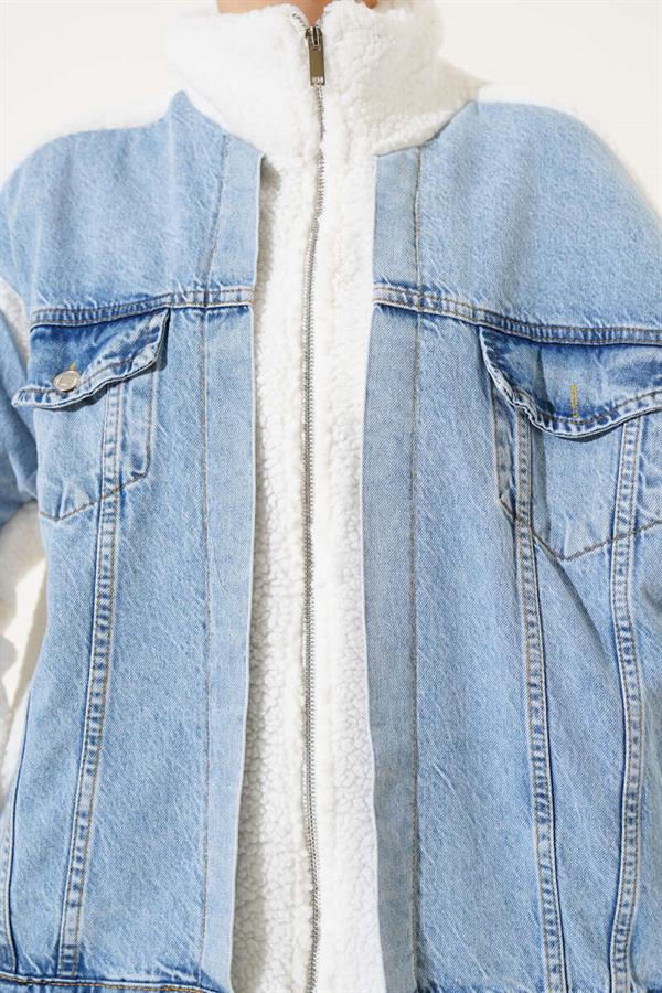 Denim Garnish Zippered Plush Jacket Blue