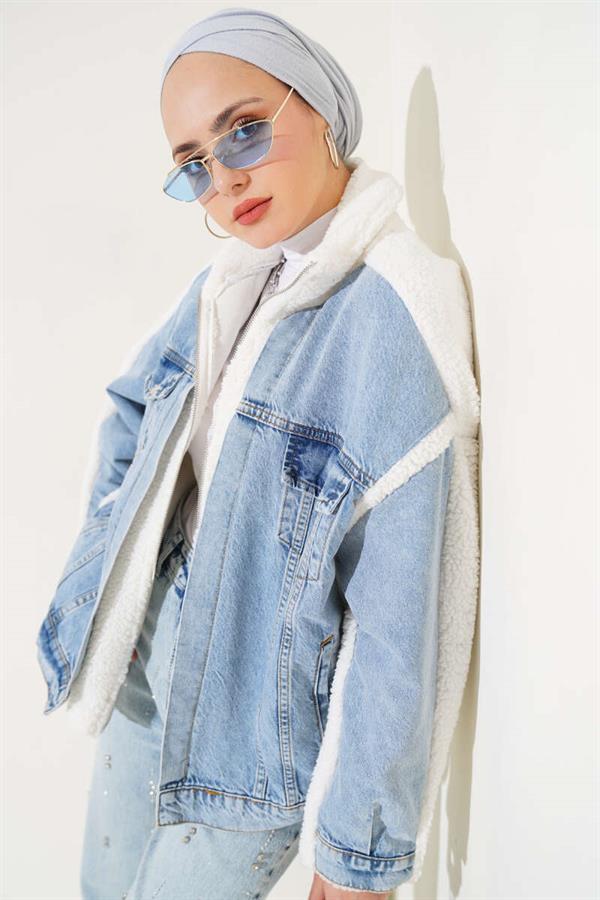 Denim Garnish Zippered Plush Jacket Blue