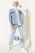 Denim Garnish Zippered Plush Jacket Blue