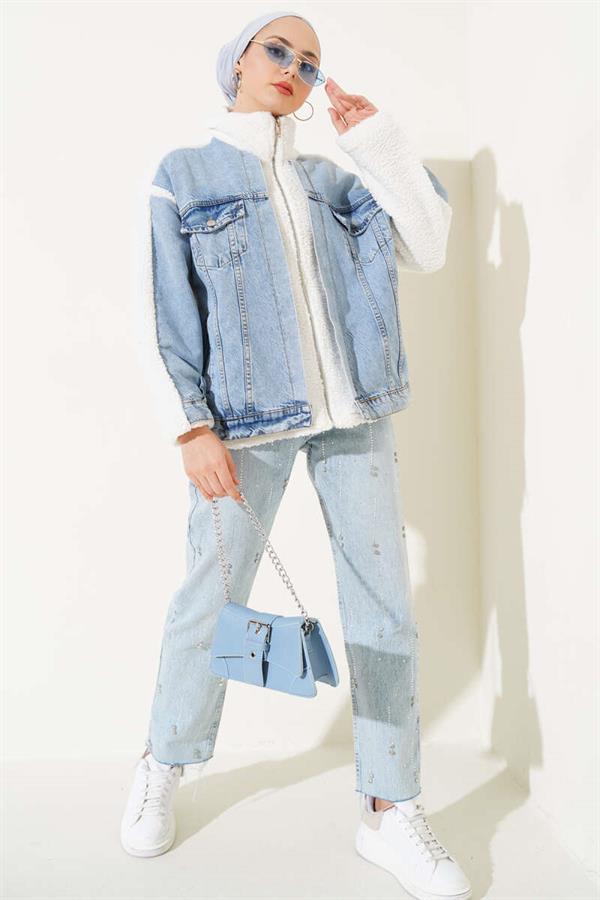 Denim Garnish Zippered Plush Jacket Blue