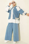 Denim Trimmed Striped 2 Piece Set, Light Blue