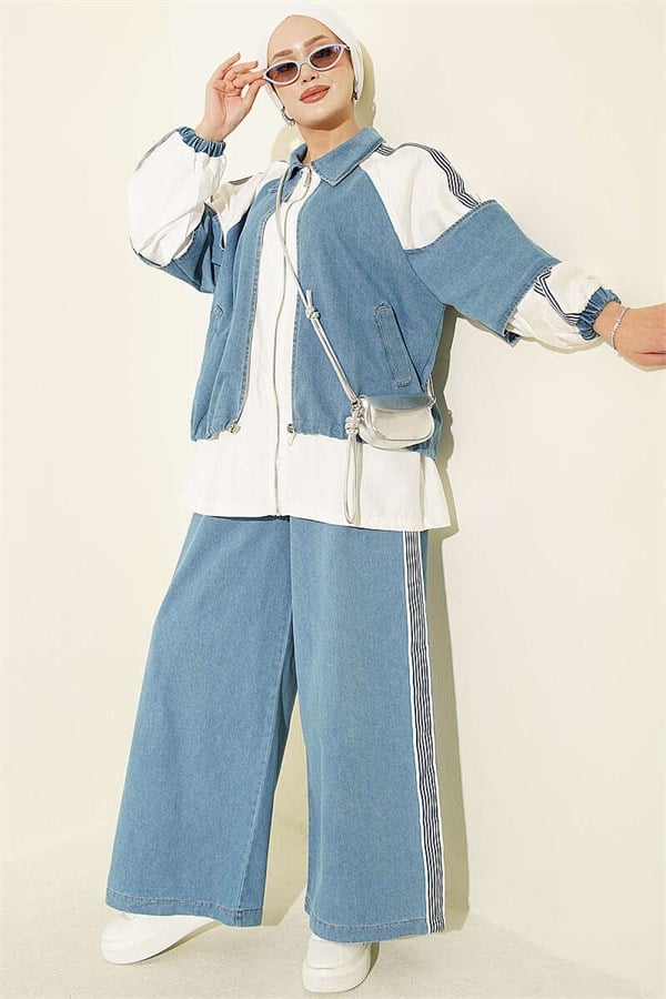 Denim Trimmed Striped 2 Piece Set, Light Blue