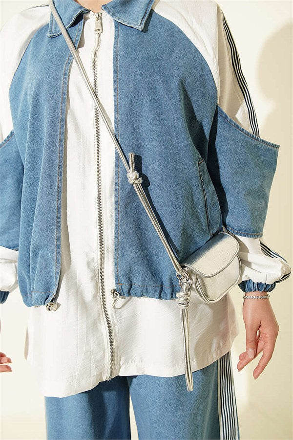 Denim Trimmed Striped 2 Piece Set, Light Blue