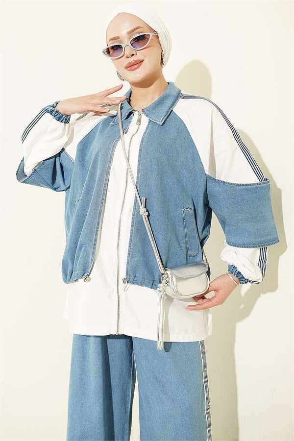 Denim Trimmed Striped 2 Piece Set, Light Blue
