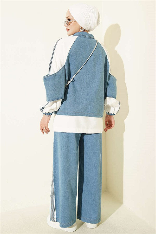 Denim Trimmed Striped 2 Piece Set, Light Blue