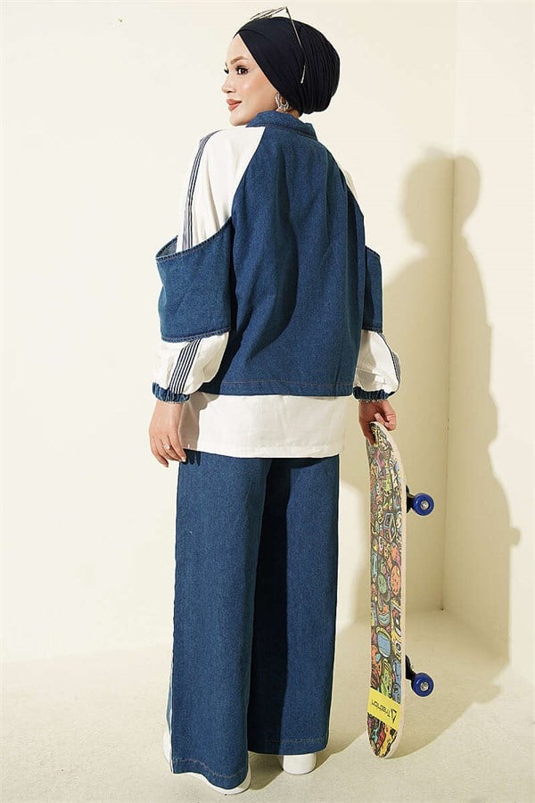 Denim Trimmed Striped 2 Piece Set, Blue
