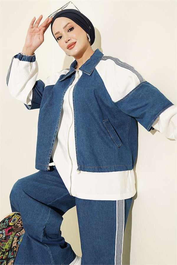 Denim Trimmed Striped 2 Piece Set, Blue