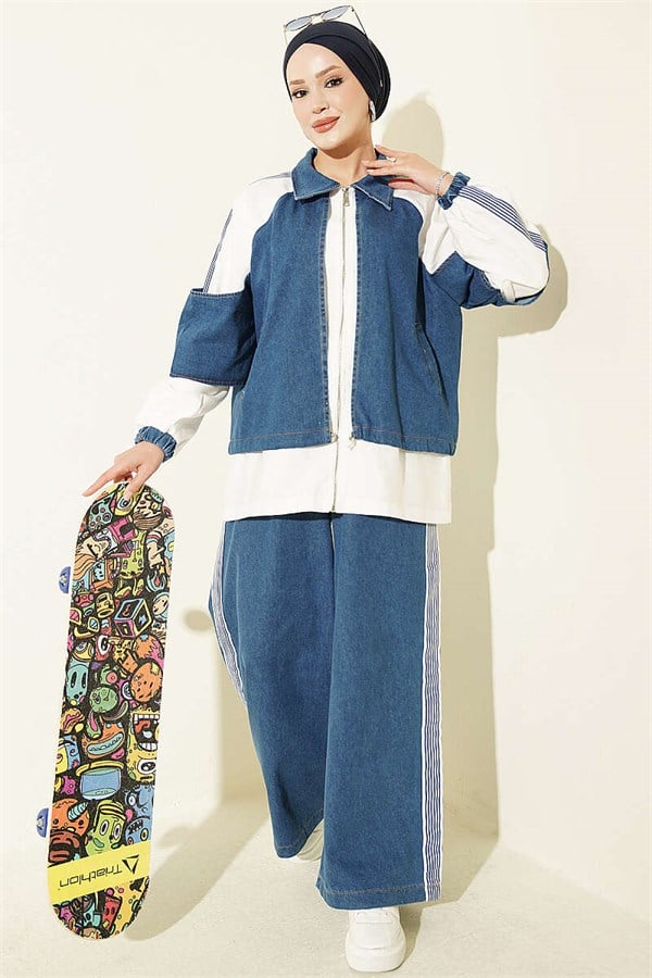 Denim Trimmed Striped 2 Piece Set, Blue