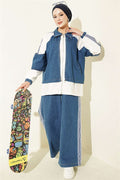 Denim Trimmed Striped 2 Piece Set, Blue