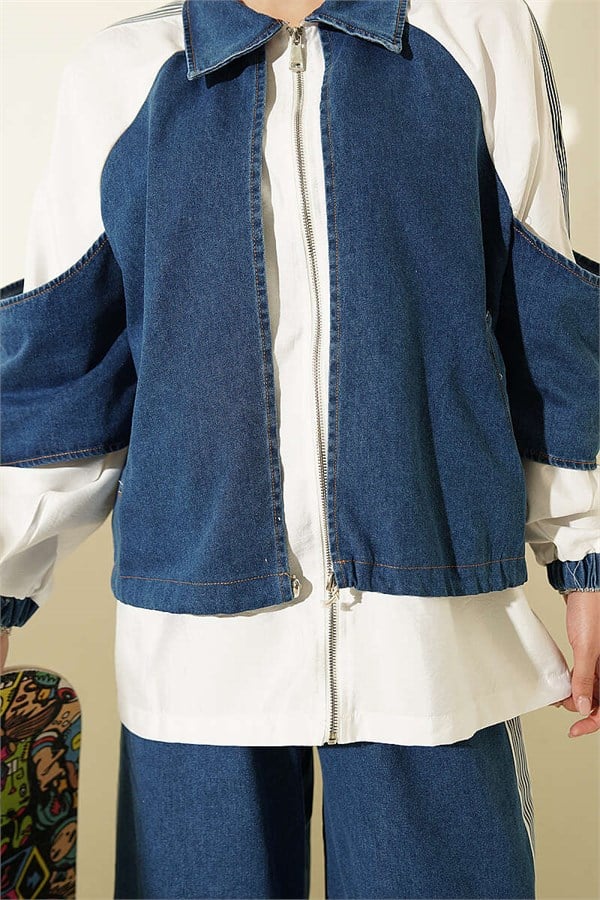 Denim Trimmed Striped 2 Piece Set, Blue