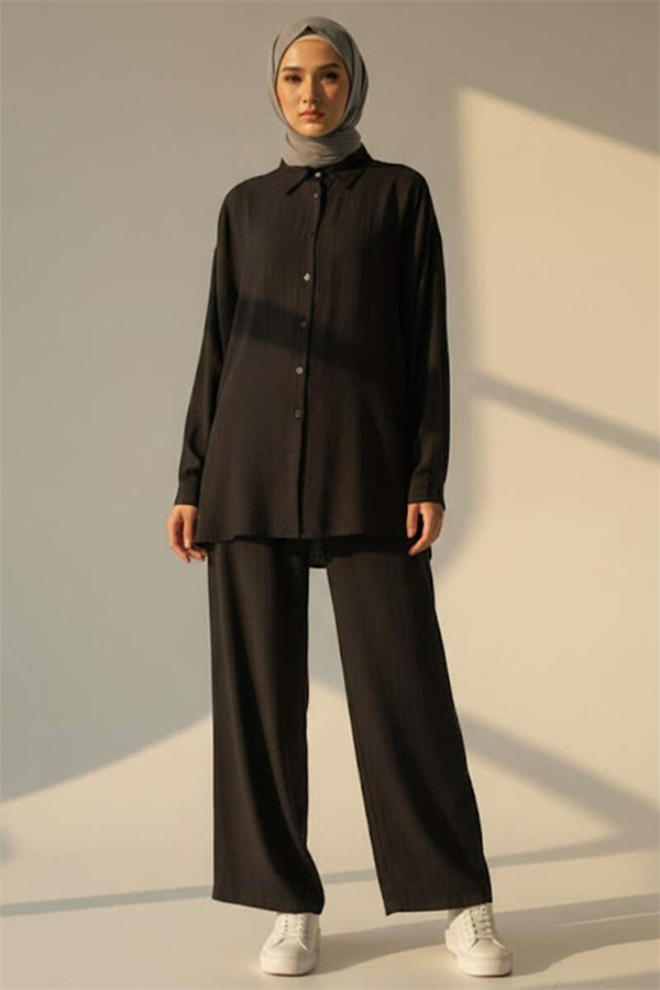 Crinkle-Look Buttoned 2 Piece Set, Black