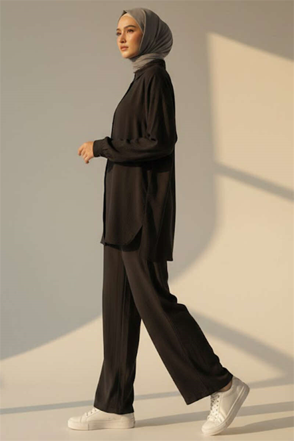 Crinkle-Look Buttoned 2 Piece Set, Black