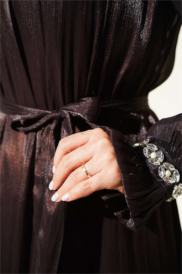 Crystal Embellished Chiffon Dress in Dark Brown