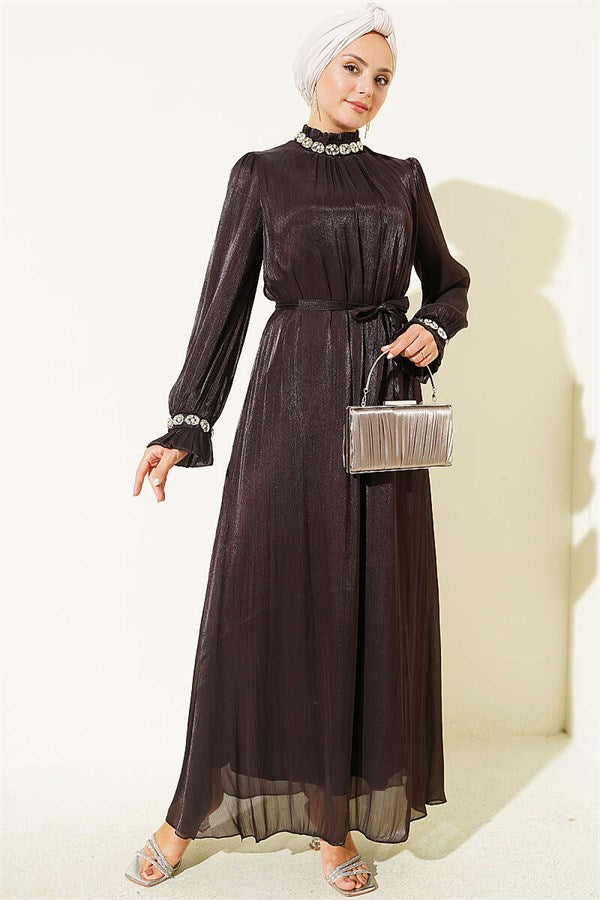 Crystal Embellished Chiffon Dress in Dark Brown