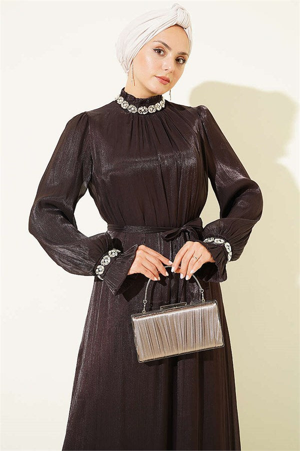 Crystal Embellished Chiffon Dress in Dark Brown