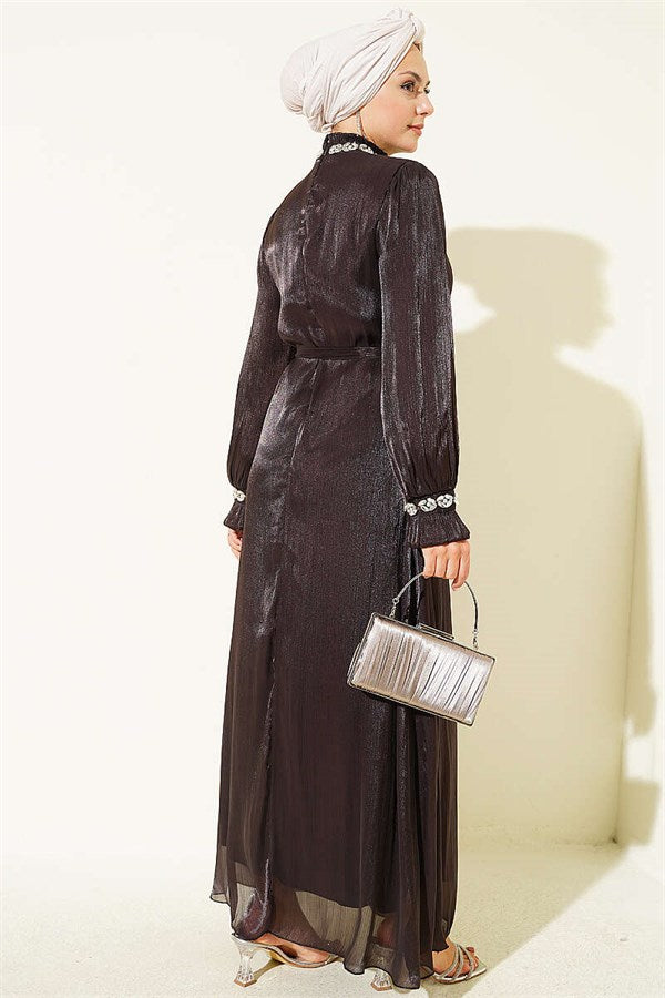 Crystal Embellished Chiffon Dress in Dark Brown