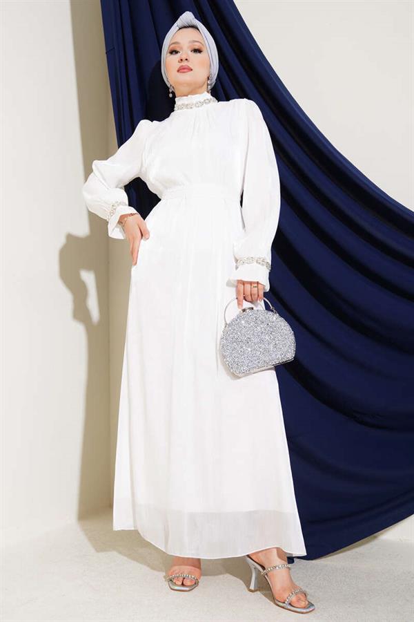 Crystal Embellished Chiffon Dress White