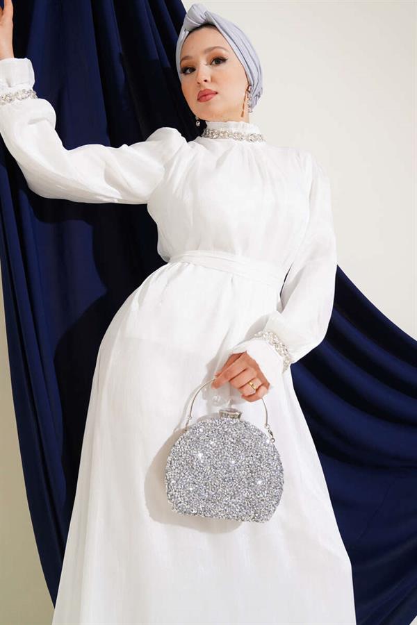 Crystal Embellished Chiffon Dress White