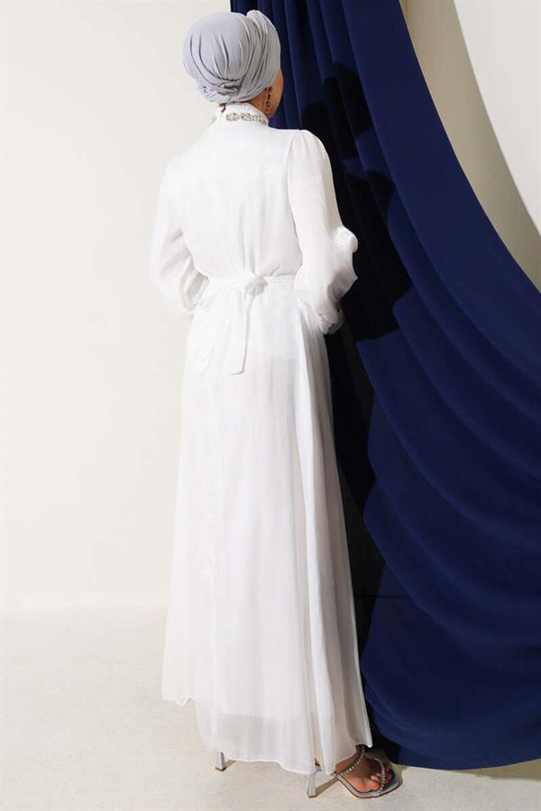 Crystal Embellished Chiffon Dress White