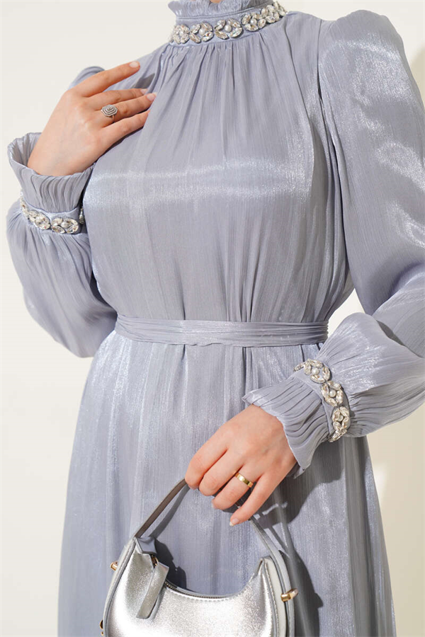 Gray Chiffon Dress with Crystal Embellishments