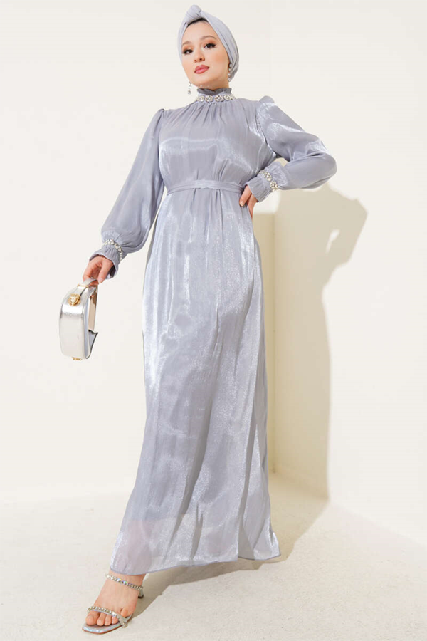 Gray Chiffon Dress with Crystal Embellishments