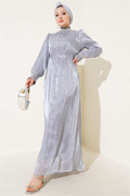 Gray Chiffon Dress with Crystal Embellishments